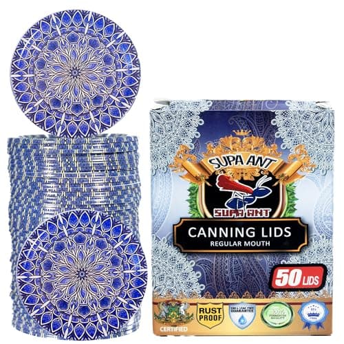 Supa Ant Thickest Canning Lids Regular Mouth (50 Pcs.) Food Grade Tin Can Lids for Canned Food - Buckle Proof & Rust Proof Lid for Canning Kit for Regular Mouth Mason Jars (Blue) Canning Supplies