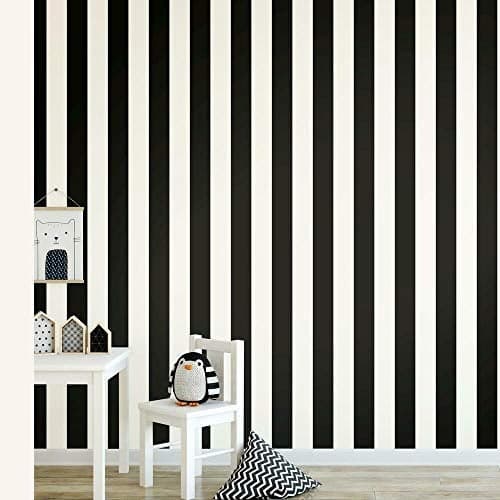 RoomMates RMK11082WP Black Awning Stripe Peel and Stick Wallpaper, 20.5 in x 16.5 ft