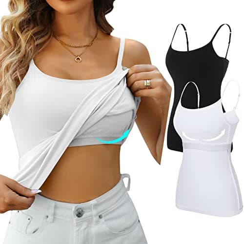 V FOR CITY Shelf Bra Camisole for Women Adjustable Spaghetti Strap Tank Tops Cotton Cami Sleepwear 2 Pack Black White 2XL