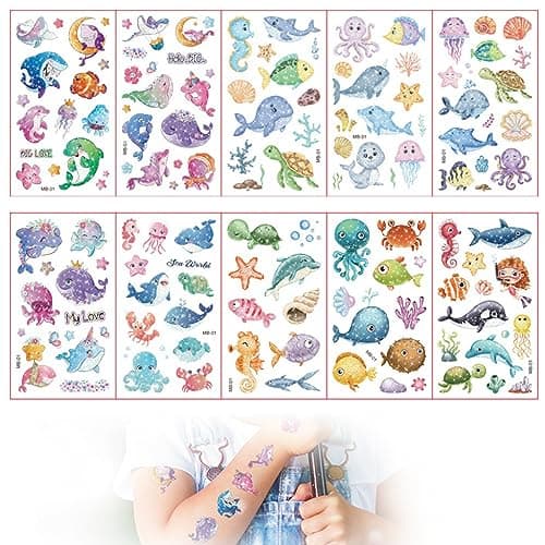 MAYCREATE® Tattoo Sticker for Kids, 10 Sheet Glittering Temporary Tattoo, Cartoon Ocean Animals Fake Tattoos for Girls Boys Birthday Parties, Group Activities