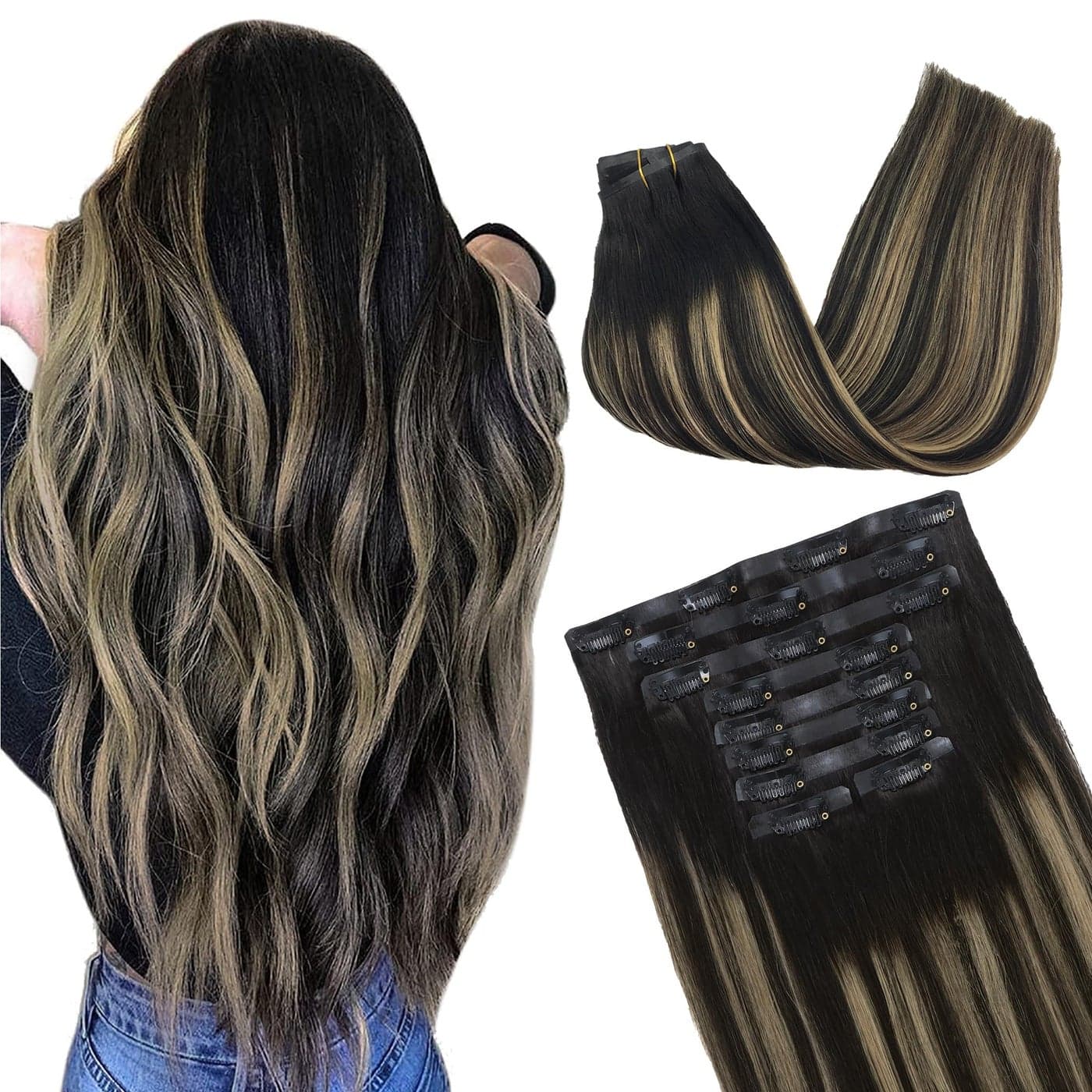 GOO GOO Clip in Hair Extensions Real Human Hair Remy Human Hair Extensions Clip ins for Women Natural Human Hair 14inch 130g 9Pcs 1B161B Balayage Natural Black to Light Blonde