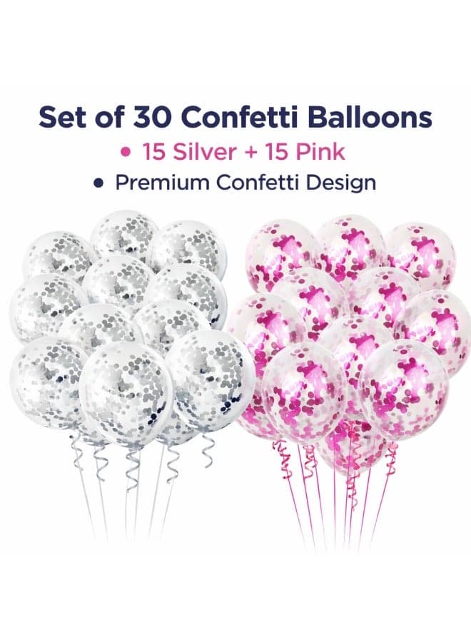 Set of 30 Confetti Balloons – 15 Silver & 15 Pink | Transparent Latex Party Balloons for Birthday Decoration, Baby Shower & Celebrations
