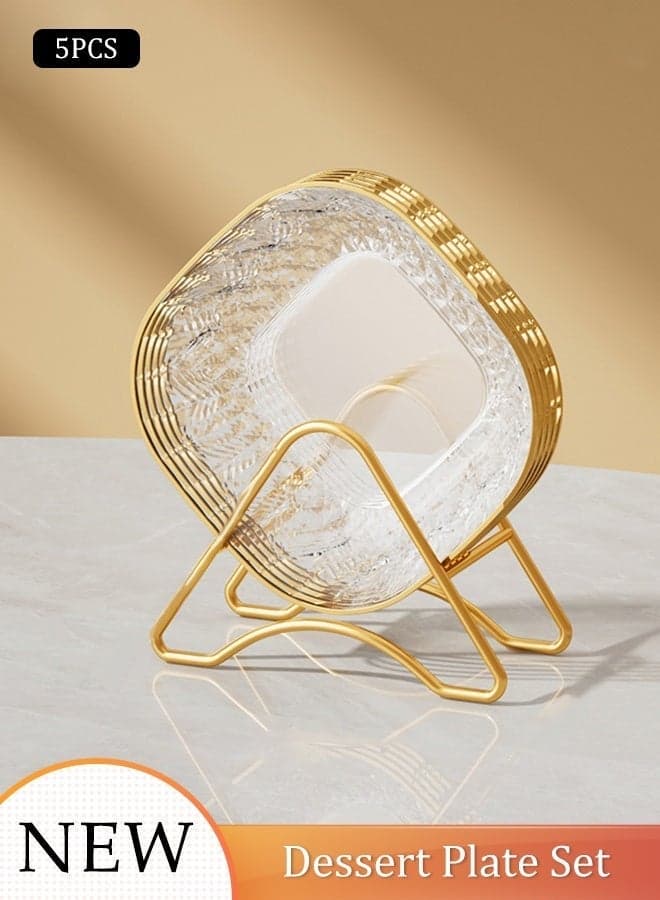 5pcs Dessert Plates Set Clear PET Plastic Plates Dessert Plates Snack Dishes With Rack Elegant Dinner Cake Dessert Snack Plate Storage Dried Fruit Plate Tasting Plate Display Stand for Family, Party, Picnic, Home