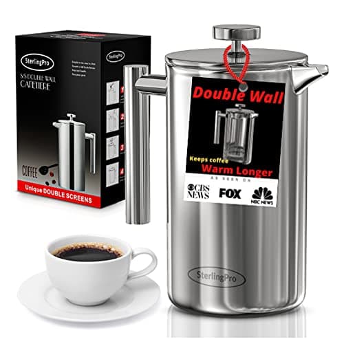 SterlingPro French Press Coffee Maker(1L)-Double Walled Large Coffee Press with 2 Extra Filters -Enjoy Granule-Free Coffee, Stylish Rust Free Kitchen Accessory-Stainless Steel (Mirror Finish, 34oz)