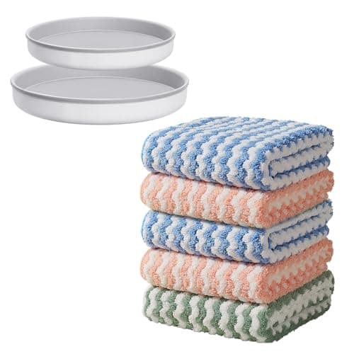 JOYMOOP Microfiber Cleaning Cloth 5 PCS Kitchen Towels10 x 10 Absorbent Streak Free Lint Cleaning Cloths Reusable and Washable Dish Rags with 12 and 10 Lazy Susan Organizer