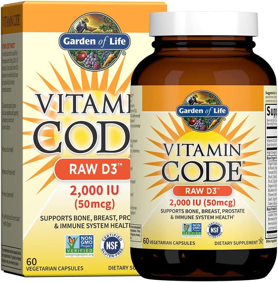 Garden of Life Vitamin D Vitamin Code Raw D3 Vitamin D 2000 IU Raw Whole Food Vitamin D Supplements with Chlorella Fruit Veggies Probiotics for Bone Immune Health 60 Vegetarian Capsules