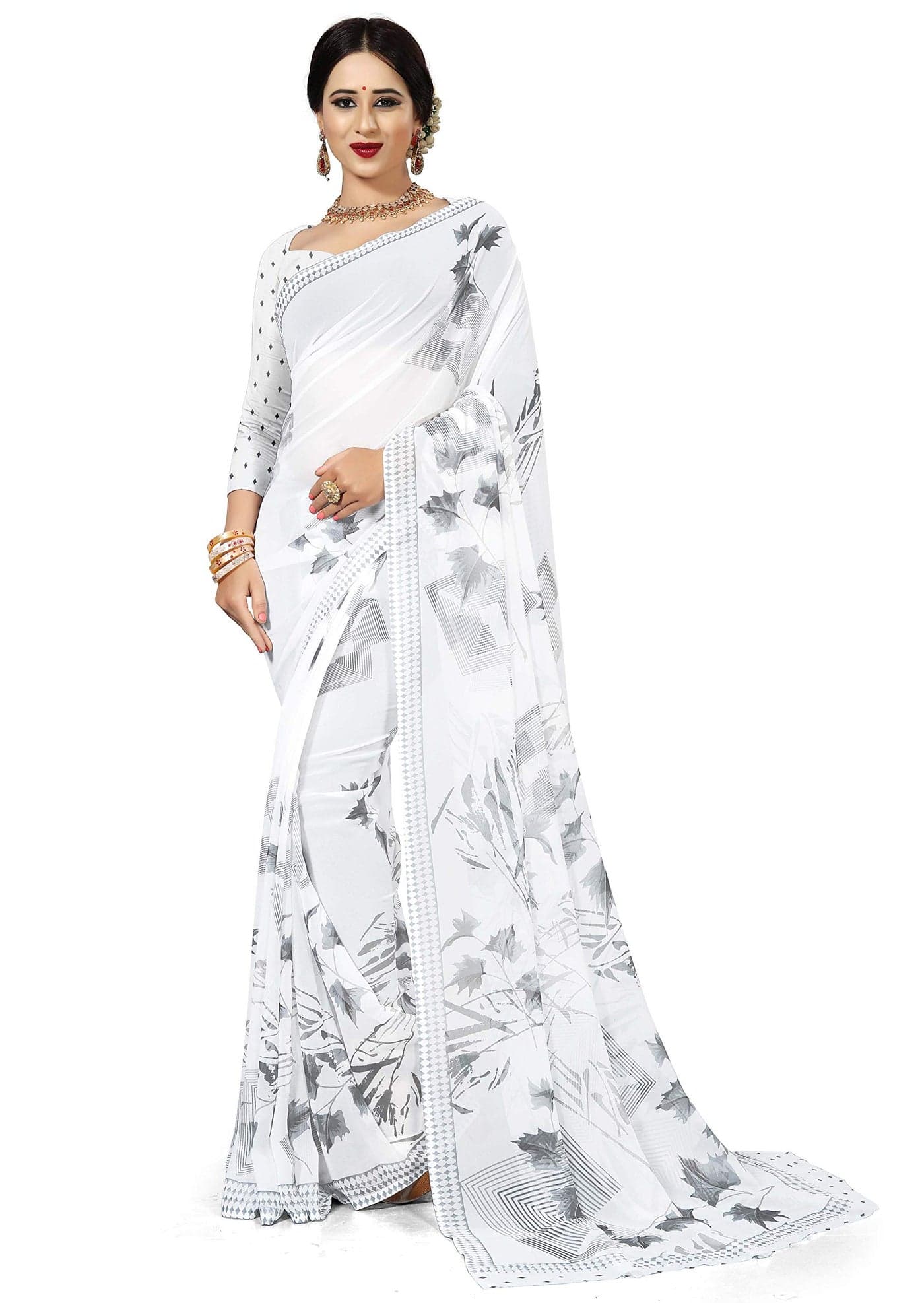 Miraan Women's Georgette Saree with Blouse Piece (BANLOTUSH5802, White)