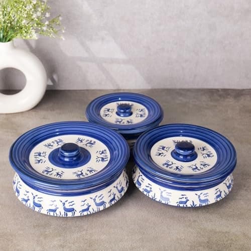 Niyara Premium Ceramic Casserole Set with Lids – Handcrafted Serving Bowls for Hot Food, Microwave & Dishwasher Safe – Perfect for Festive & Everyday Use – Set of 3 (Blue Deer)