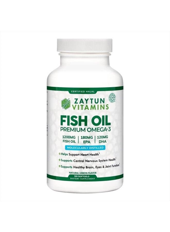 Zaytun Halal Fish Oil 1200mg Omega 3, Premium EPA/DHA, One Per Day, Supports Brain, Heart, Joint Health - 4 Months Supply, Lemon Flavor, Keto Friendly, Gluten Free, Made in USA - Halal Vitamins