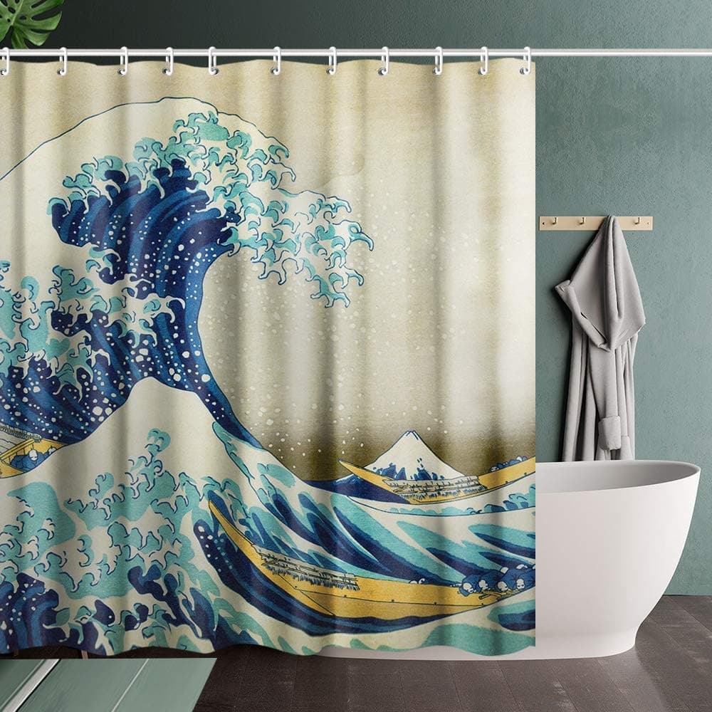 INVIN ART Bathroom Wave Shower Curtain Set with HooksThe Great Wave Off Kanagawa by Katsushika HokusaiHome Art Paintings Pictures for Bathroom