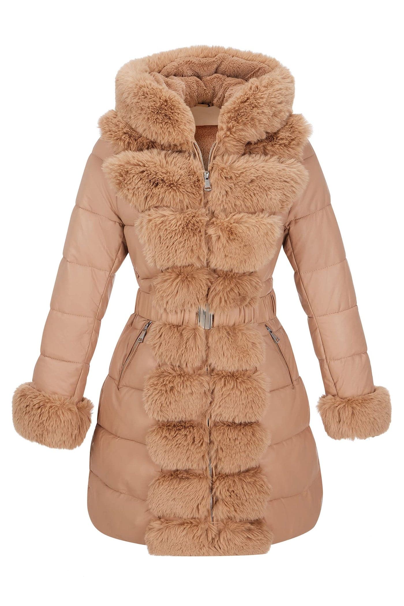 RISISSIDA Puffer Jacket Women Winter Down Faux Fur Lined Puffy Coat with Long Collar Hood Thicken Quilted Warm Leather Bubble Overcoat Beige S