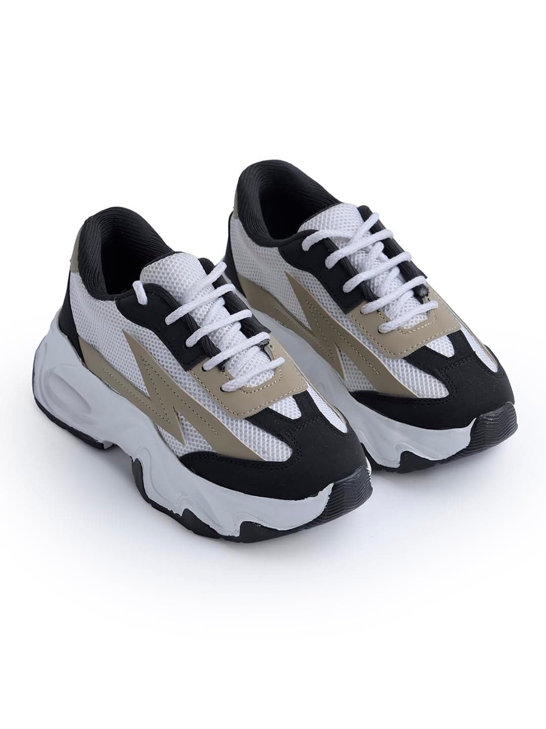 JM LOOKS Women's Chunky Sneakers - Lace up Walking Running Shoes Padded Insole and Non-Slip Womens Casual Shoes - White- Beige
