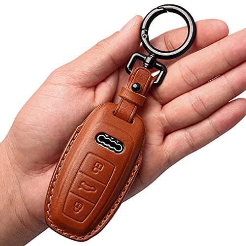Tukellen for Audi Key Fob Cover Leather with Keychain,Leather Key Case Protector Compatible with 2019 2020 2021 2022 A3 A6 A7 E-Tron A8 Q8 Keyless Smart Key Fob-Brown
