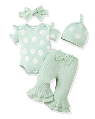 Renotemy Infant Baby Girl Clothes 3-6 Months Baby Spring Summer Outfit Clothes Short Sleeve Coming Home Outfits Gifts for Girls Newborn Essentials Romper Green Bell Bottom Pants Bodysuit Clothing Set