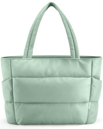 HOTOR Puffer Tote Bag for Women, Nurses - Multi-Pocket Lightweight Bag for Work - Quilted Handbag for Travel and Gym, Green, 18.1" x 6.3" x 11.8"