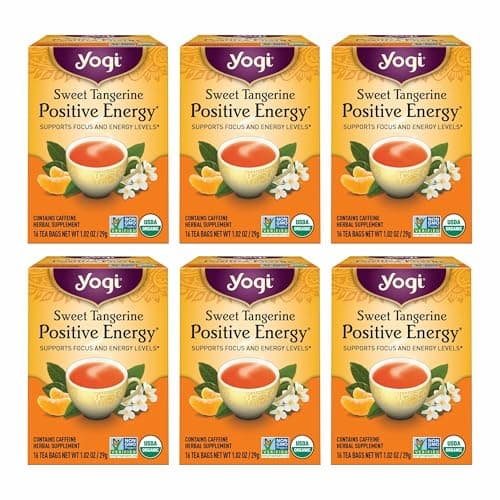 Yogi Sweet Tangerine Positive Energy Tea - 16 Tea Bags per Pack (6 Packs) - Organic Tangerine Energy Tea - Includes Black Tea Leaf, Yerba Mate Leaf, Ashwagandha Root & More