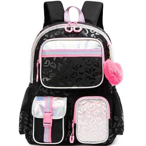 Meetbelify Cute Black School Backpack for Girls Aesthetic Backpacks for Elementary Student Teen Girls School Bag Kids Travel Bookbag for Girls Ages 810