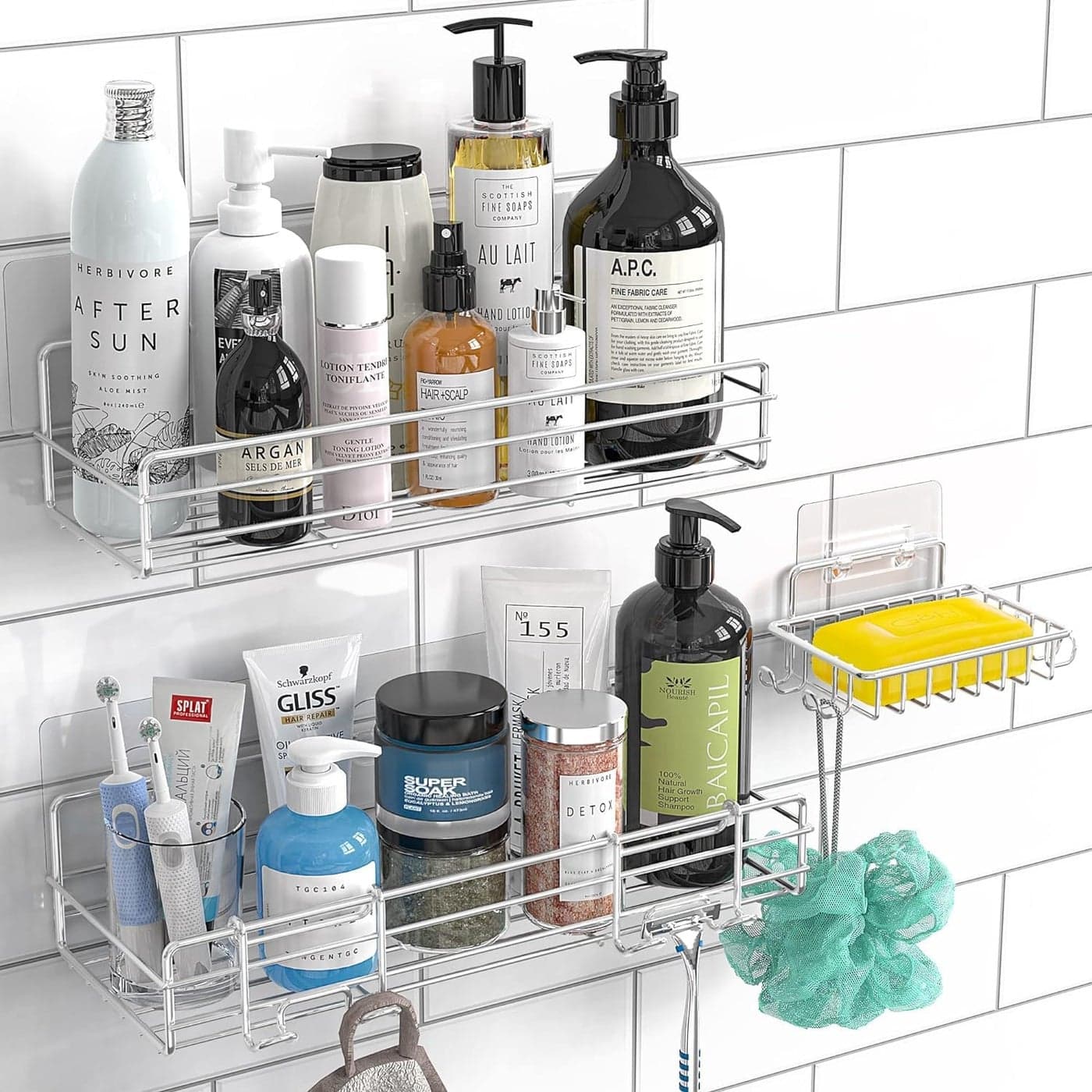 Moforoco 3-Pack Shower Caddy Basket Shelf with Soap Holder, No Drilling Traceless Adhesive Shower Wall Shelves, Rustproof Black Bathroom Shower Storage Organizer