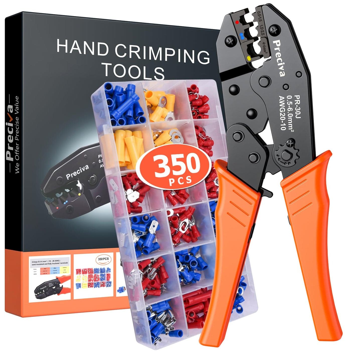 Wire Terminals Crimping Tool Kit, Preciva AWG20-10/0.5-6mm²Insulated Ratcheting Crimper Tool with 350PCS Insulated Wire Connectors