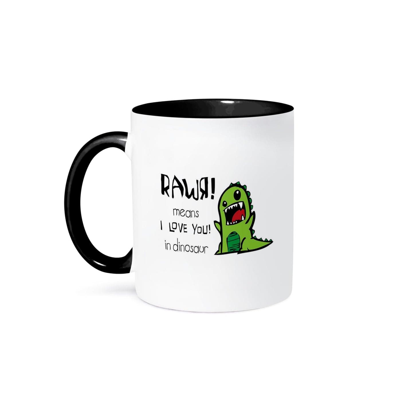 3dRose Rawr means I love you in dinosaur 11oz TwoTone Black Mug
