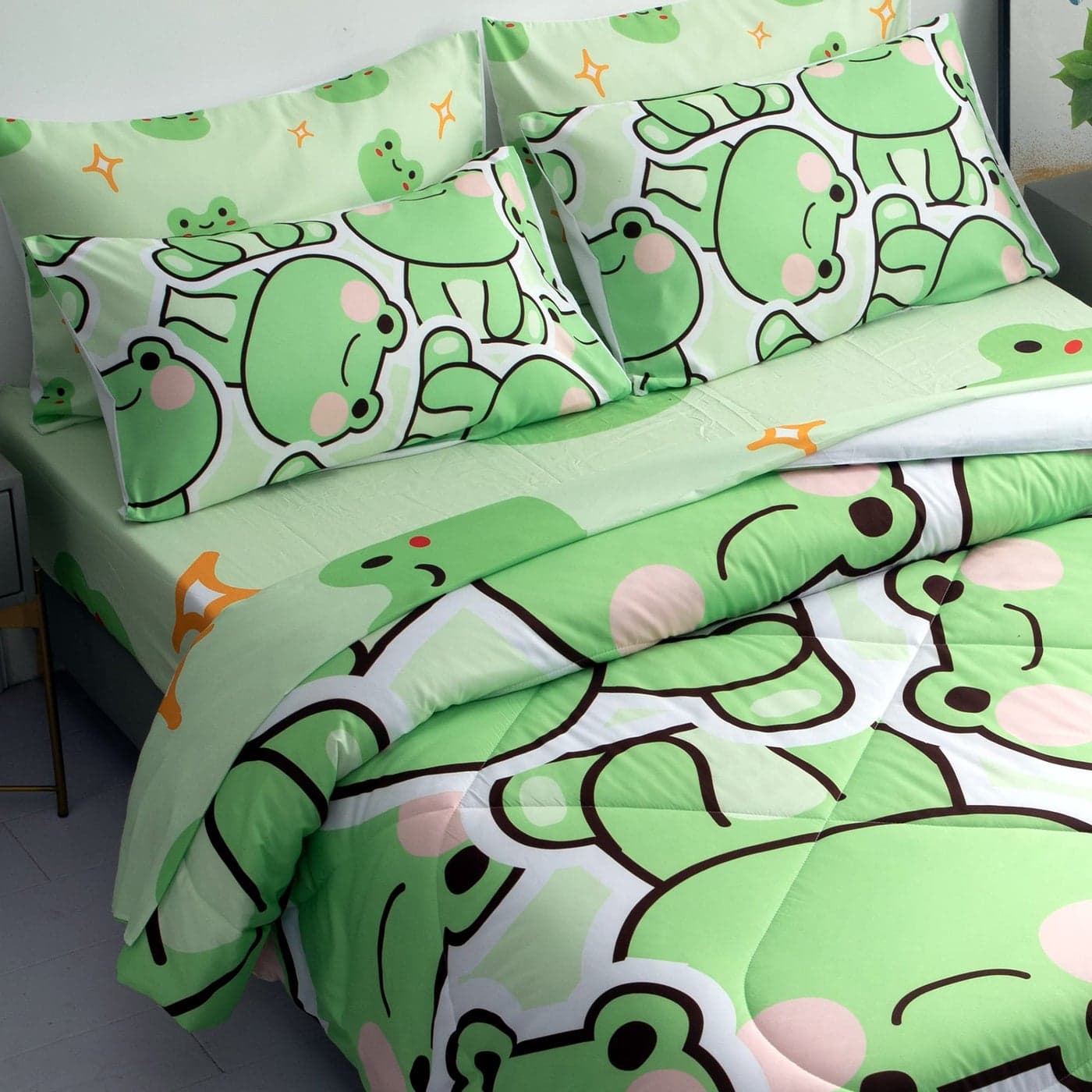 MUSOLEI 7 Piece Frog Comforter Set for Kids Boys and Girls Twin Size Bedding Set for All Seasons 1 Comforter 1 Flat Sheet 1 Fitted Sheet 4 Pillowcases