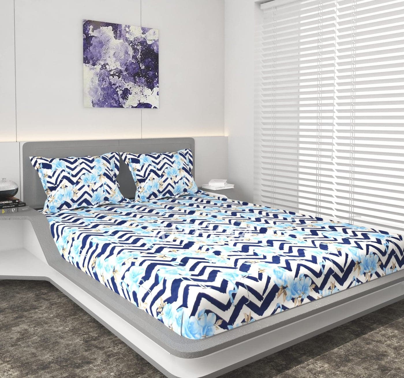 AMEYAA Cotton Feel Glace Cotton Elastic Fitted Printed King Size Double Bed Bedsheet With 2 Pillow Cover 350 TCm Fits Upto 8 Inches Mattress,Size- 72X78X10 Inches Sky Floral