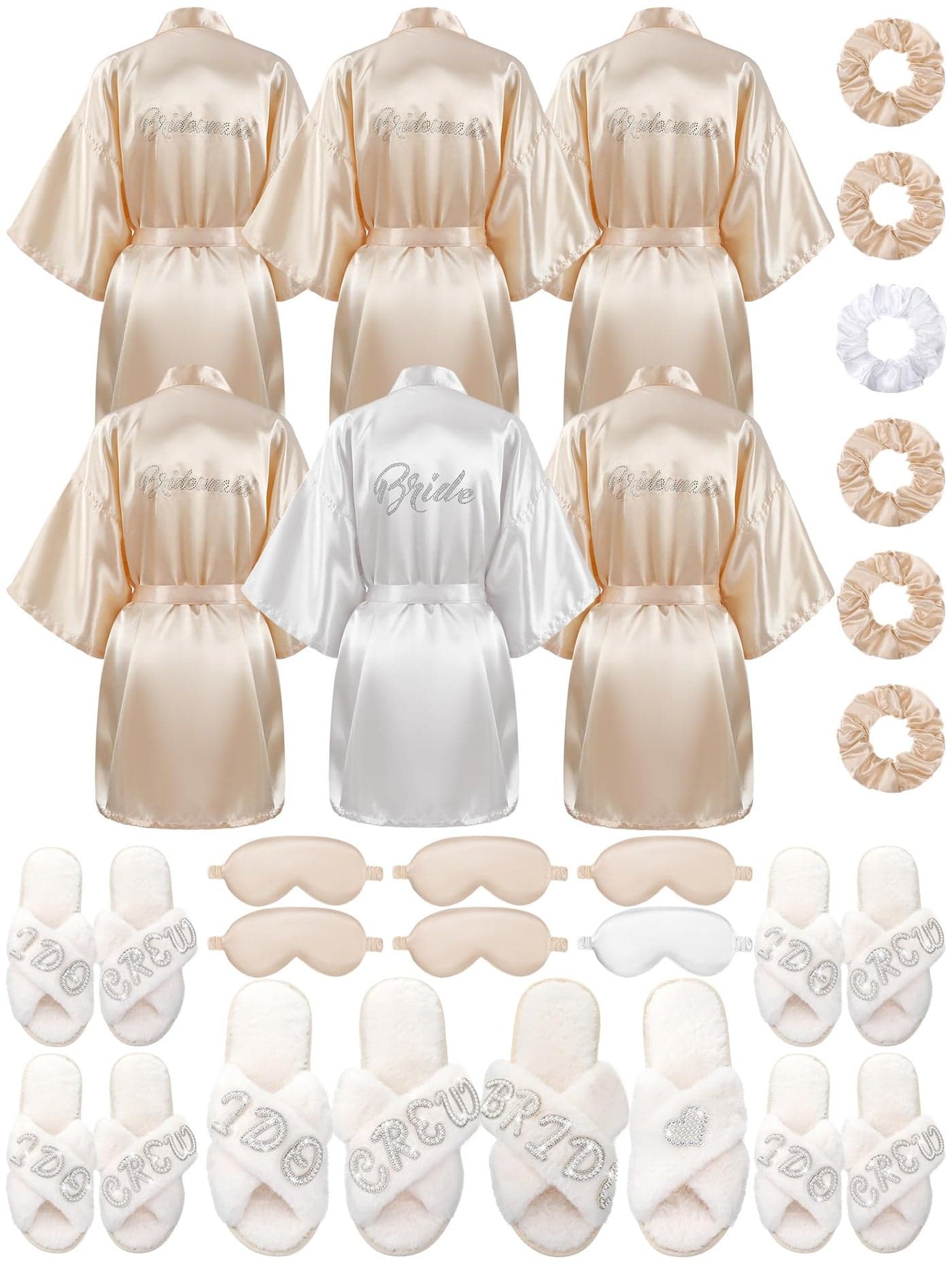 Bonuci 24 Pcs Bride Bridesmaid Robe Slipper Sets for Wedding Bridal Party Women with Robes Slippers Eye Mask Hair Scrunchies(White, Champagne)