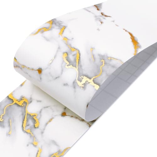 LACHEERY Gold White Marble Wallpaper Border Peel and Stick Bathroom Mirror Frame Border Tape for Mirror Borders Peel and Stick Gold Bulletin Board Borders Trim Sticker Thick Wall Decor Roll 3"x197"