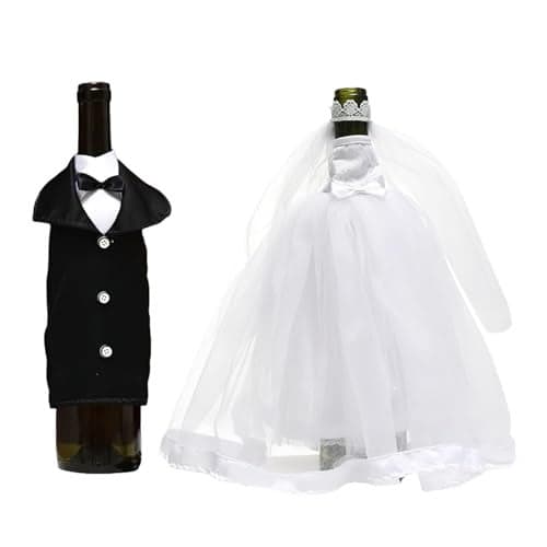 REDSHYN Bride Groom Wine Bottle Decor White Tulle Black Tuxedo Covers for Wedding Party Table Decor Newlywed Gift