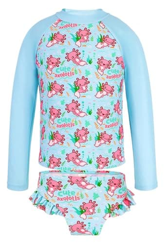 PinkSheep Girls Swimsuit,Axolot lToddler Girls Bathing Suit Two Piece Long Sleeve Rush Guard Swimwear for 3T,UPF 50+ Quick Dry Stretchy Summer Beach Swimsuit