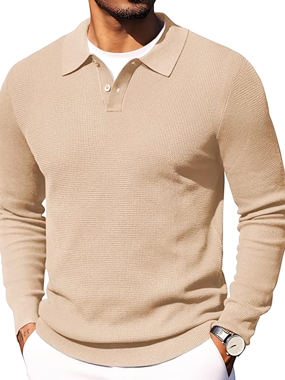 TYSORT Men's Waffle Knit Polo Long Sleeve Sweaters Collared Polo Sweater