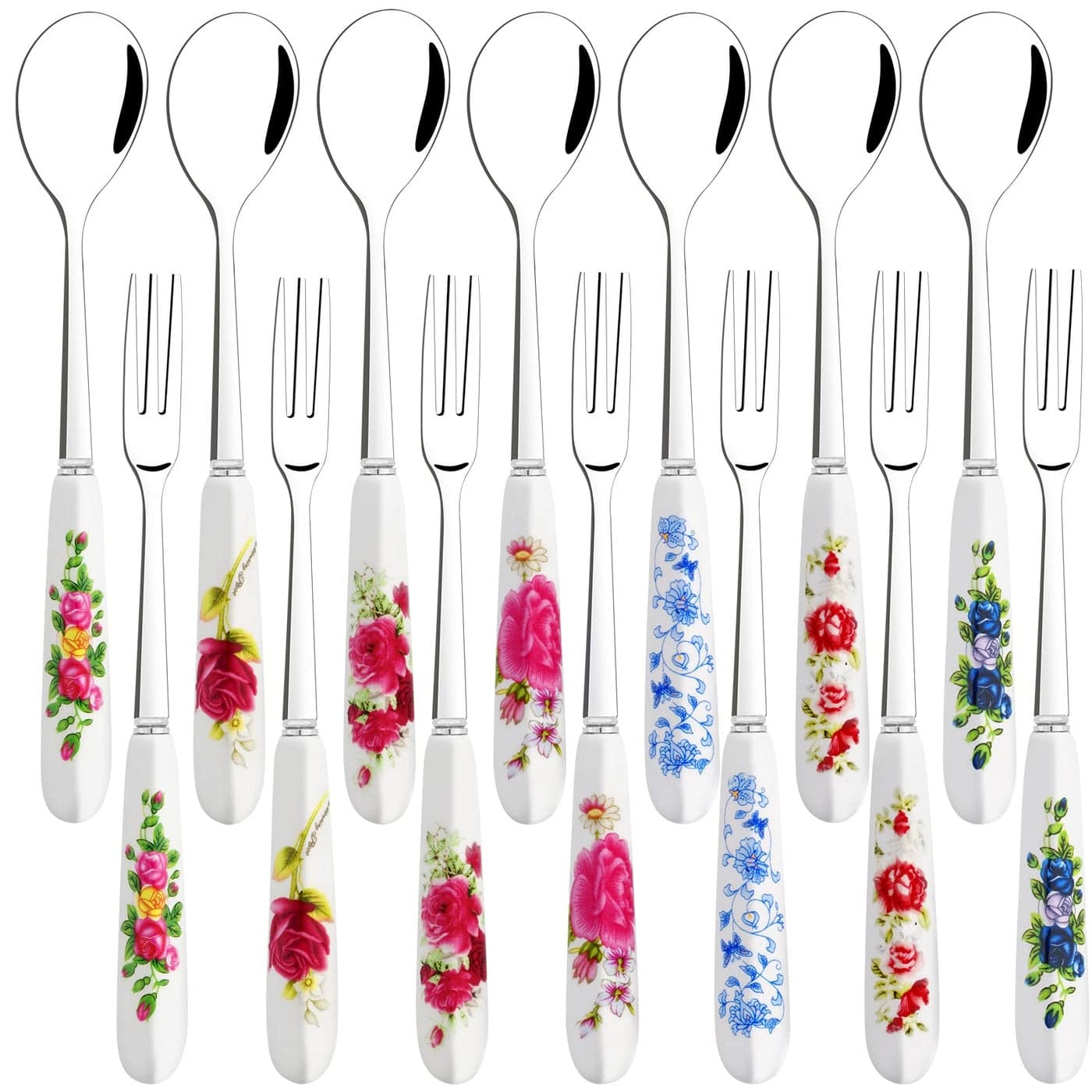 14 Pcs Dessert Silverware Set Stainless Steel Small Appetizer Forks and Mini Coffee Spoons With Ceramics Handle for Cake Tea Salad Cocktail Fruit