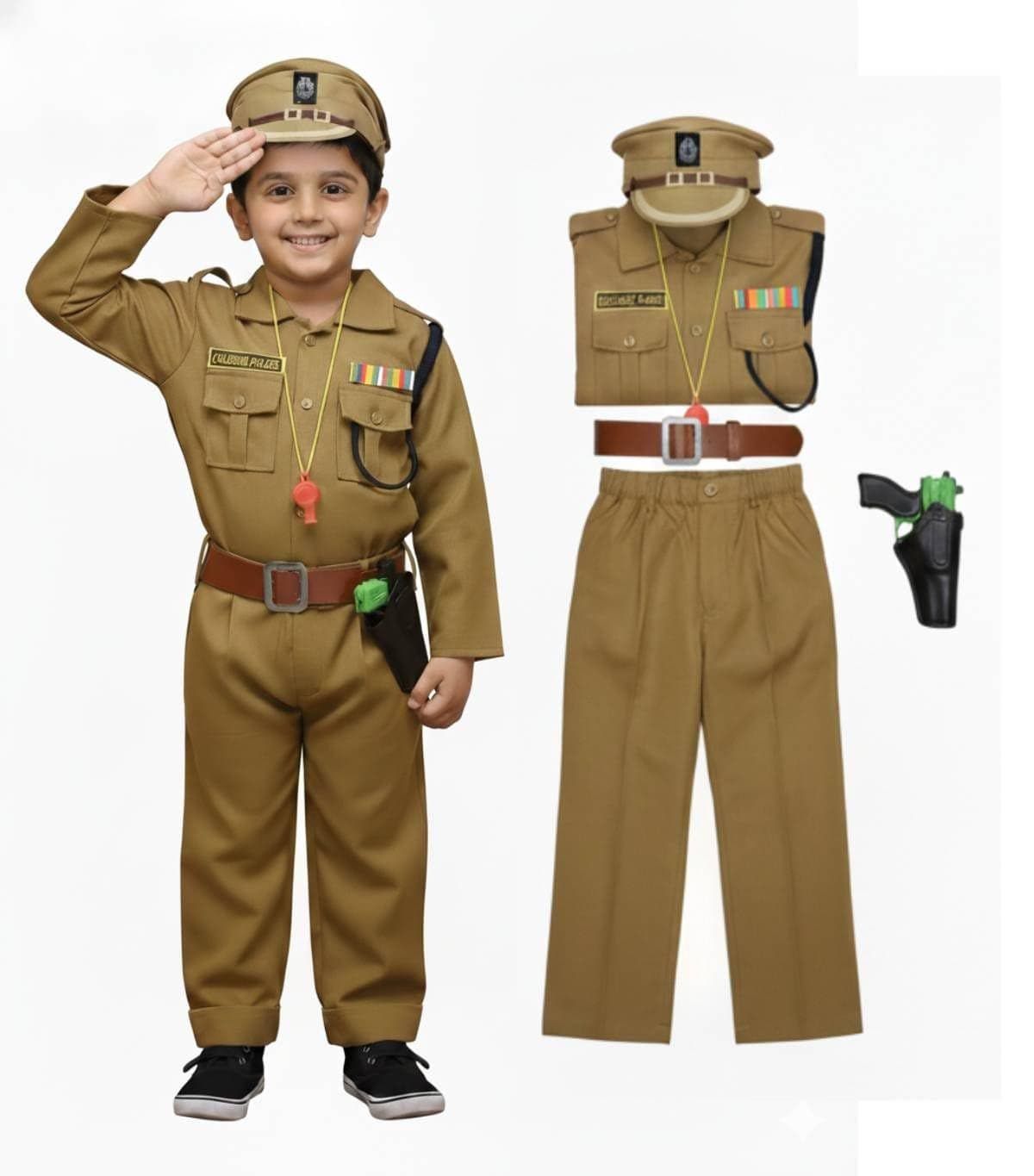 YUPPIN Kids Police Costume Dress for Boys – Khaki Uniform with Cap, Belt, Whistle & Accessories | Fancy Dress for School Functions, Annual Day & Role Play (1 Set) (7-8 years)