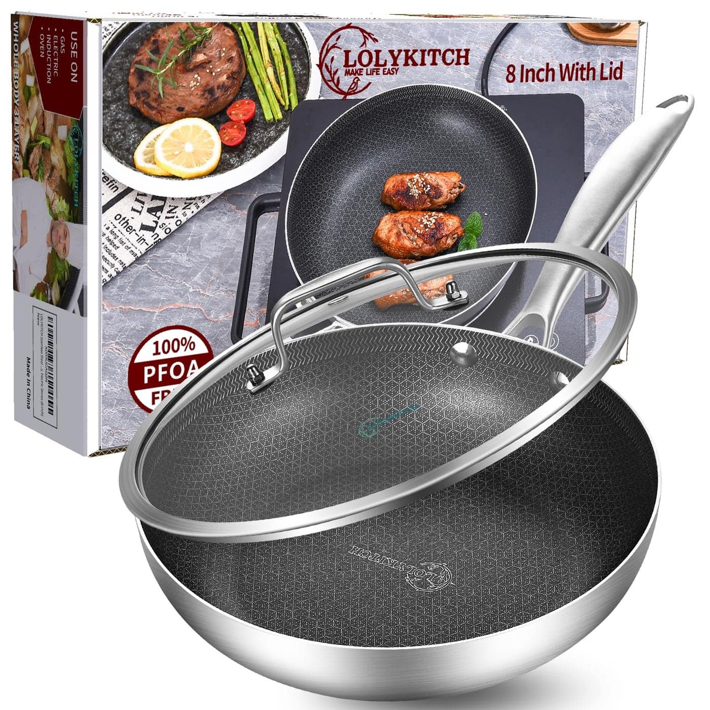 LOLYKITCH 85 Inch Triply Hybrid Stainless Steel NonStick Saut Pan with LidSkilletInduction Frying PanSkilletDishwasher and Oven SafeRiveted Handle