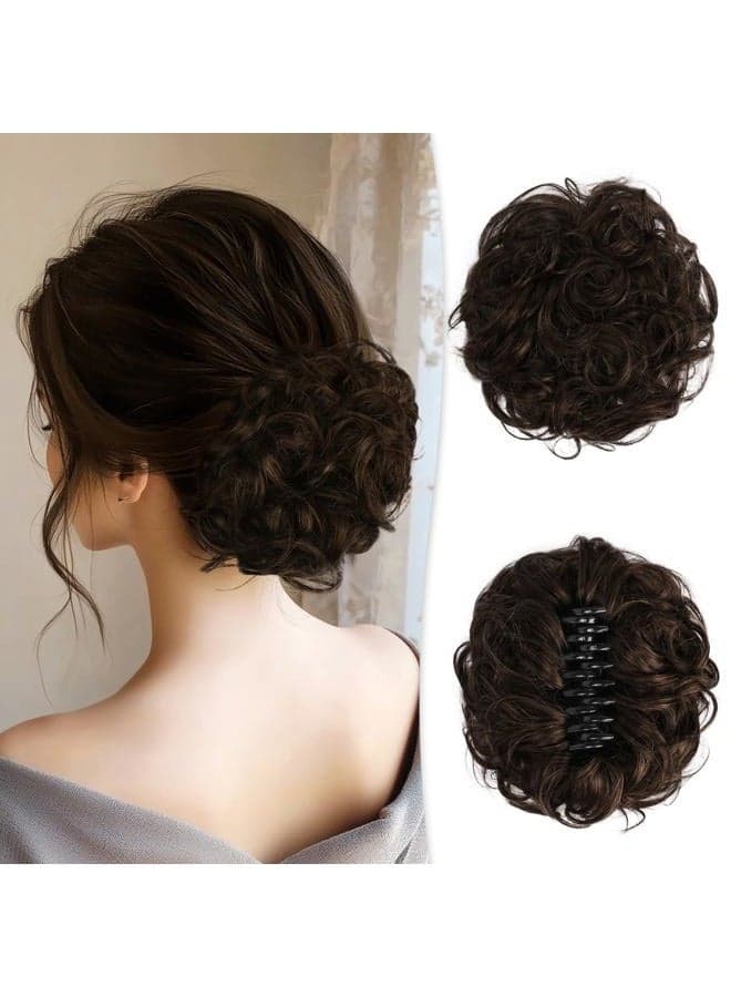 Large Messy Bun Hair Piece with Claw Clip Human Hair Bun Wavy Curly Chignon Hair Bun Extensions Updo Hair Pieces for Women Claw Clip Ponytail for Women, Dark Brown with 15% Dark Cocoa Blonde