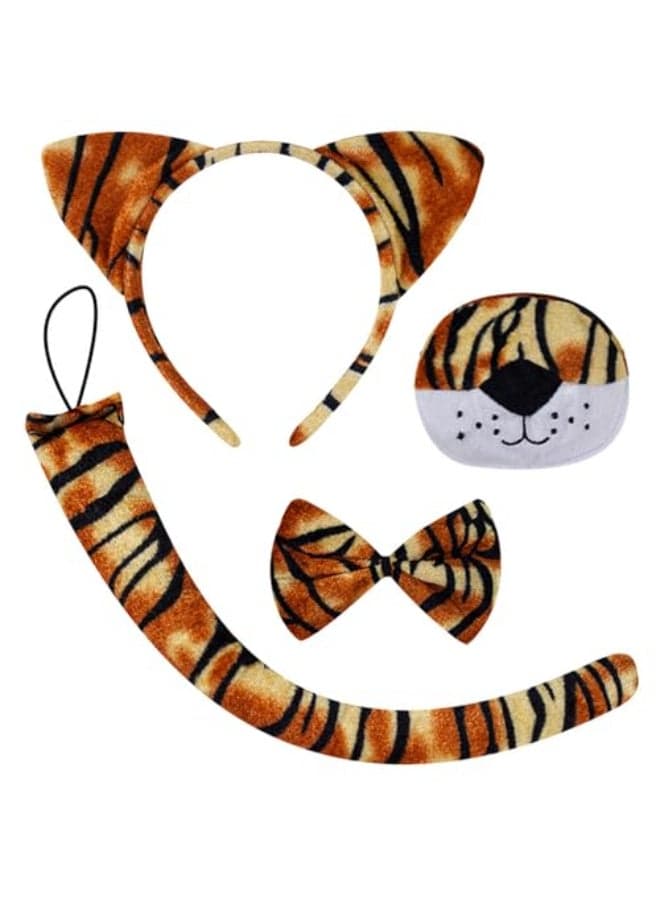 CBLUO 4 Pcs Halloween Cat Ears Headband Nose Bow Tie Tail Tiger Hair Hoops Bands Bowtie Animal Headpiece Hairband Women Xmas Wedding Holiday Festival Parade Cosplay Dress Up Birthday Party Accessories