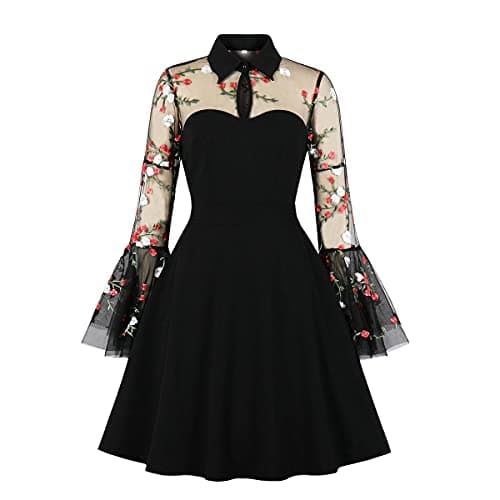 Women Keyhole Front Mesh Fare Sleeve Vintage Cocktail Swing Dress Peter Pan Collar 50s 60s Pleated A-line Rockabilly Prom Dress Wedding Party Short 1950s Retro Floral Casual Midi Dress Embroidered L