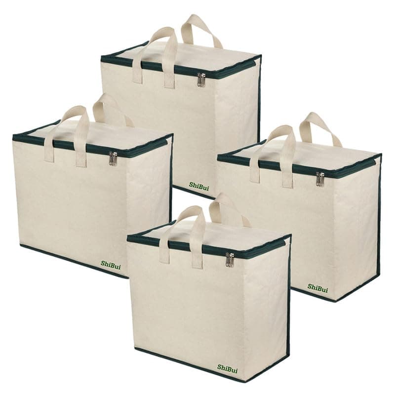 SHIBUI Canvas Reinforced Cotton Handles with Multipurpose Clothes Storage Organizer & Grocery vegetable shopping and Covers Zip Bags. (Green, Pack of 4)
