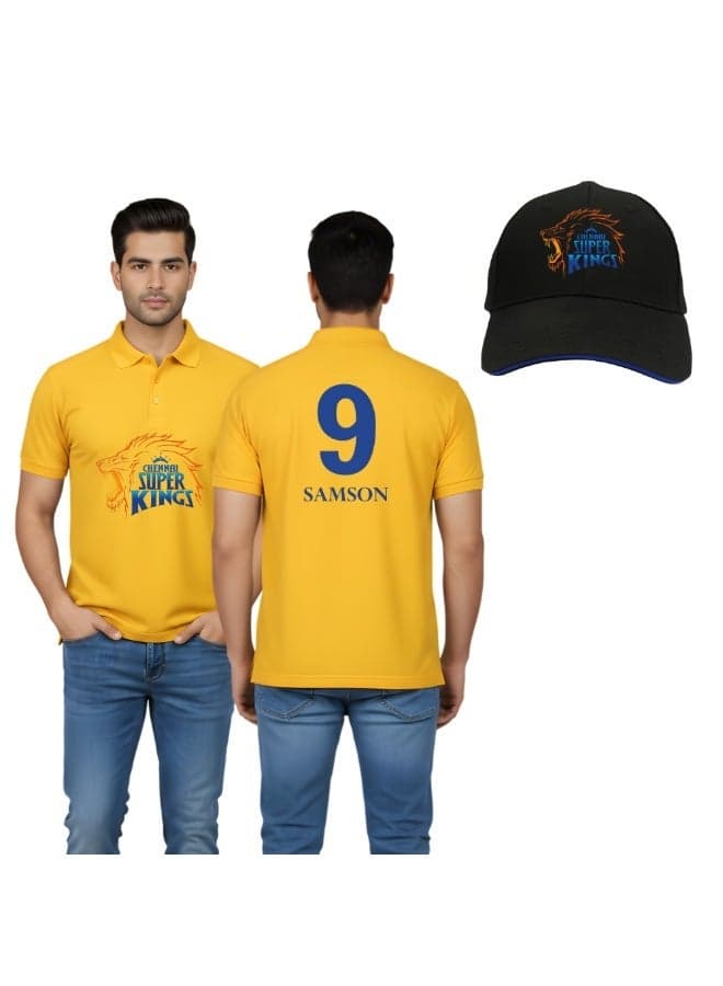 Chennai Super Kings Cricket Men's Dry-Fit Polo Neck T-Shirt | Soft & Breathable Sportswear For Cricket Lovers| Tshirt With Cap | Suitable For Games & Outdoor