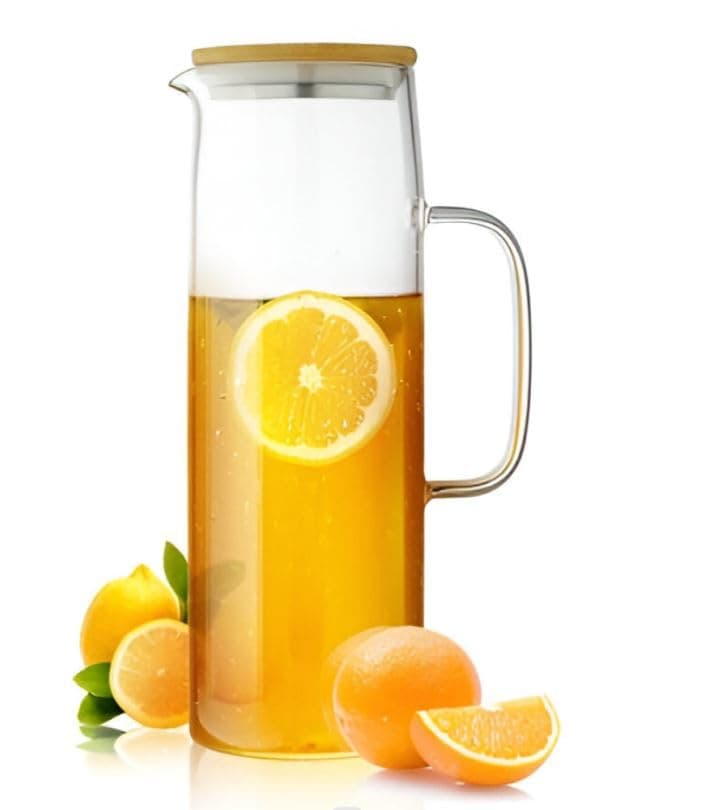 Ash & Roh Stylish Borosilicate Glass Jug with Handle and Lid, Heat Resistant Glass Pitcher for Iced Tea, Lemon Water, and Juice (1300ml Wooden Lid Jug)