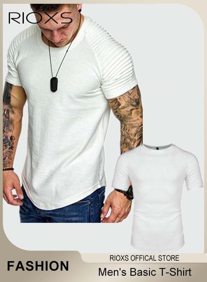 Men's Short Sleeve T-Shirt, Slim Fit Pleated Raglan Sleeve Tops for Men, Lightweight Crew Neck Bodybuilding Gym Tees, Casual Workout Gym Tees, Comfy Breathable Athletic T-shirts, Suitable for Daily Wear, Vacation, Trip, School, Golf and More, White