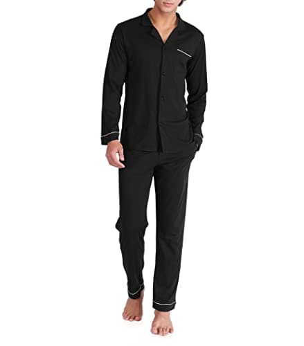 DAVID ARCHY Mens Pajamas Set Soft Cotton Notched Collar Pajamas for Men Long Sleeve Mens Sleepwear with Pockets & Front Fly (L, Black)
