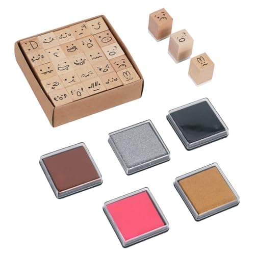 30PCS Wooden Rubber Stamps Vintage Wood Letter Mini Cute Emoji Stamps for Cards Making DIY Scrapbooking Photo Album Decoration