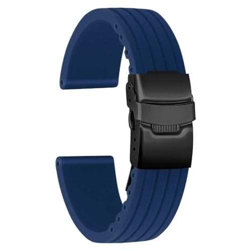 ULLCHRO Silicone Watch Strap Replacement Rubber Watch Band Waterproof Stripe Pattern - 16mm, 18mm, 20mm, 22mm, 24mm Watch Bracelet with Stainless Steel Deployment Black Buckle(22mm, Navy Blue02)