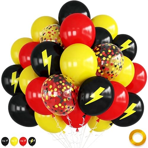 Red Yellow Black Balloons 12 inch Lightning Cartoon Ball Anime Balloon Birthday Decorations Lightning Printed Balloons Red and Black Confetti Balloon for Boys Theme Race Car Party Decor