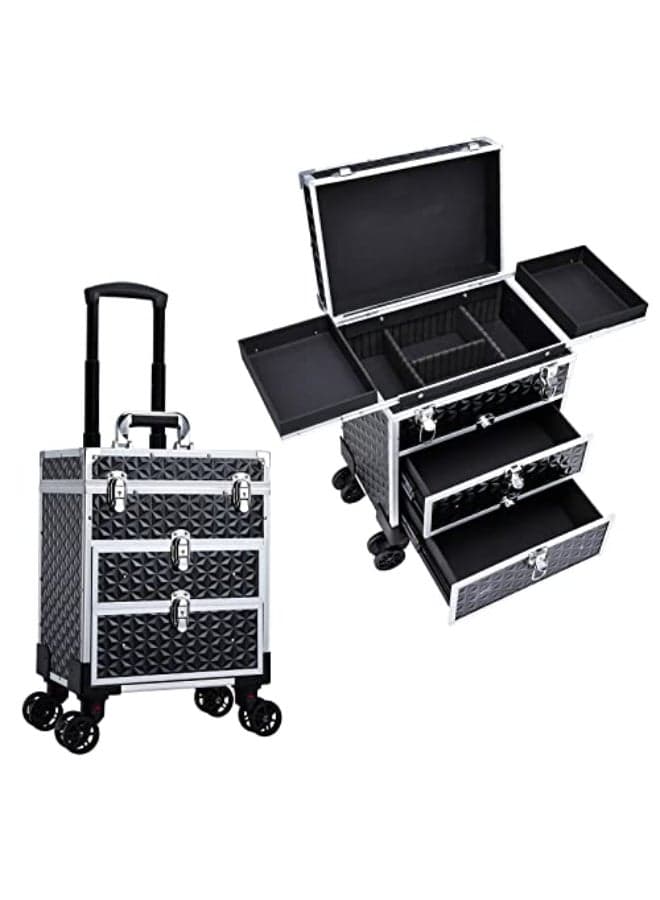 FRENESSA Professional Rolling Makeup Case Aluminum Trolley Train Case with 360 Swivel Wheels for Makuep Artist Travel Cosmetic Organizer with Sliding Drawers for Nail Tech Hairstylist Barber Black