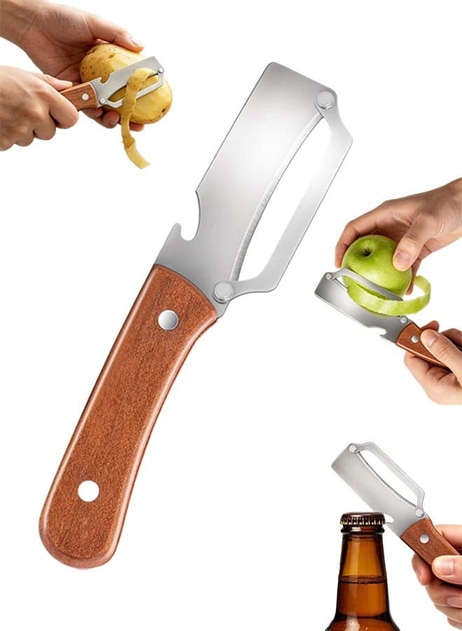 1 Pcs Multifunctional Wooden-Handled Stainless Steel Sharp Vegetable Peeler, with Built-In Bottle Opener, Ergonomic Design for Potato, Carrot, Veggie, Fruit & Apple