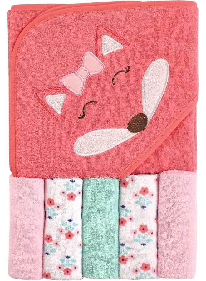 Luvable Friends Unisex Baby Hooded Towel with Five Washcloths, Cotton, Girl Fox, One Size