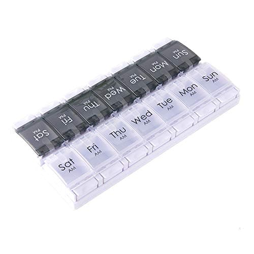 WOWHOUSE Pill Box Organiser 7-Day Weekly for AM PM Day Night Twice a Day, Pill Case with 14 Compartments for Vitamin Capsule Supplements Press Open Black-White (2time1day-blk)