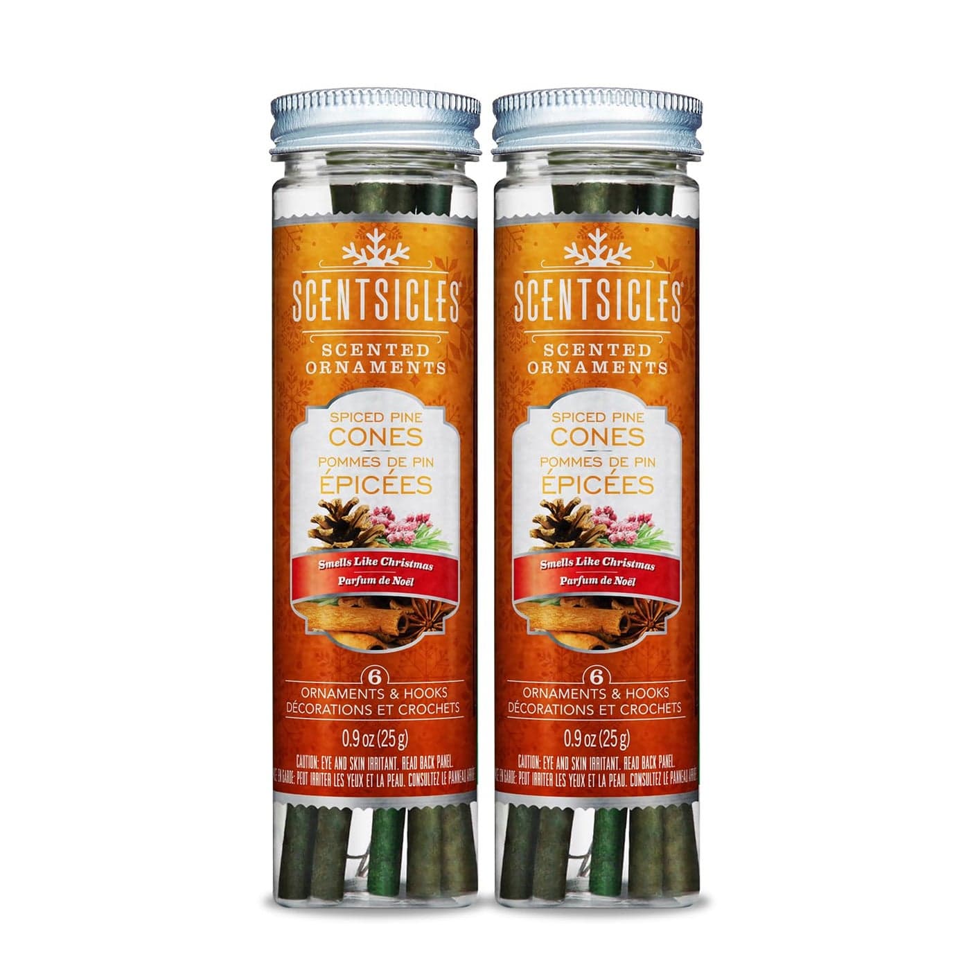 Scentsicles Spiced Pine Cones Scented Christmas Ornaments with Hooks 2 Bottles 12 Sticks Total